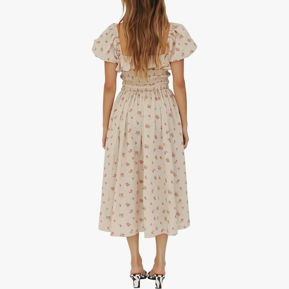 70F/20C Floral Print Puff Sleeves Vintage Cottagecore Ruffles Midi Dress Sz M - Picture 13 of 14